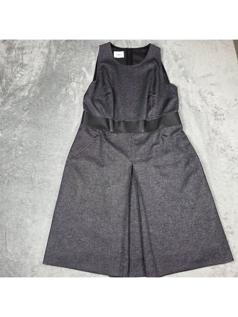 Akris Punto Dress 12 Black Denim & Faux Leather Trim Waist Pleated Career Party - Picture 1 of 12